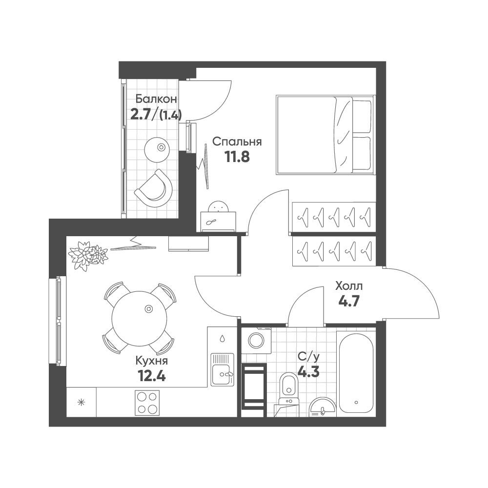 Планировка: 1-комн. квартира 34.60 м² в новостройке ЖК Клюква Парк