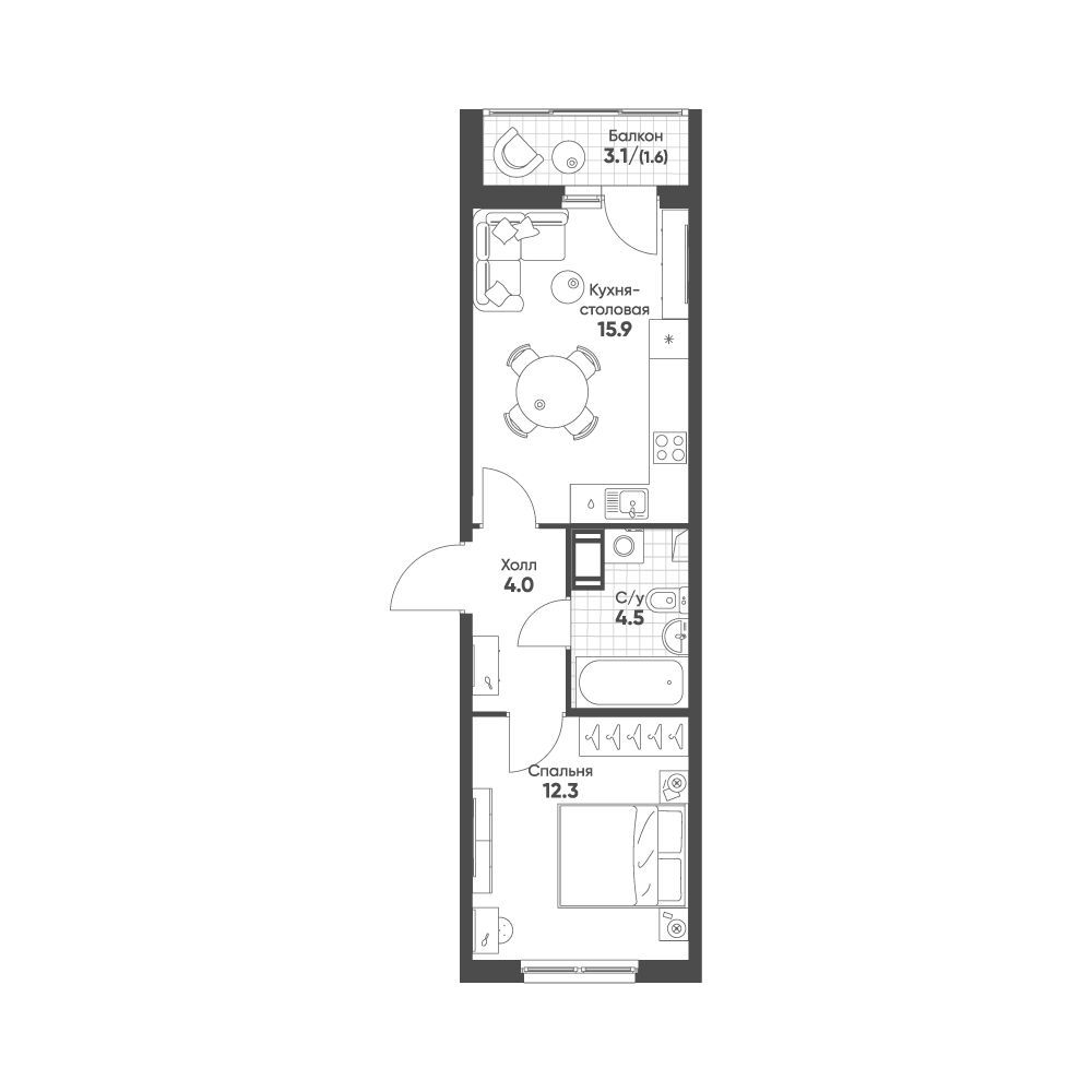 Планировка: 1-комн. квартира 38.30 м² в новостройке ЖК Клюква Парк