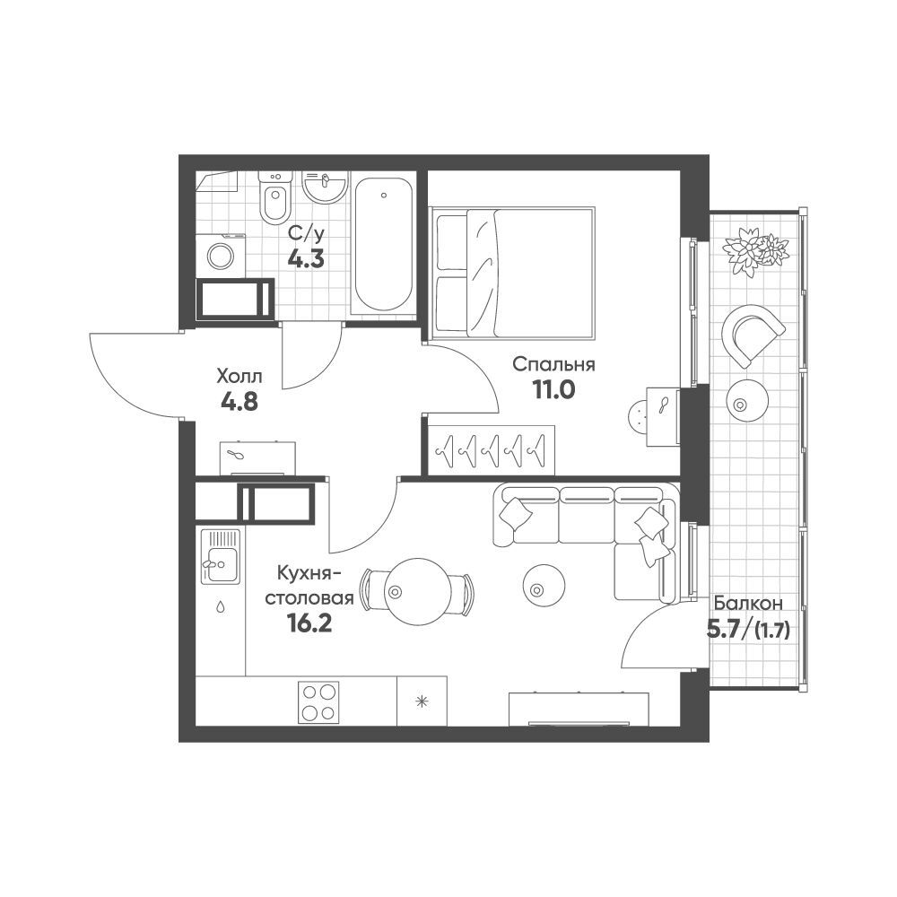 Планировка: 1-комн. квартира 38.00 м² в новостройке Клюква.Парк
