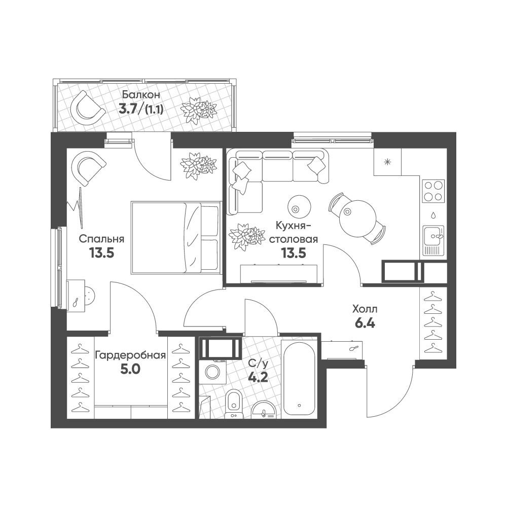Планировка: 1-комн. квартира 43.70 м² в новостройке Клюква.Парк