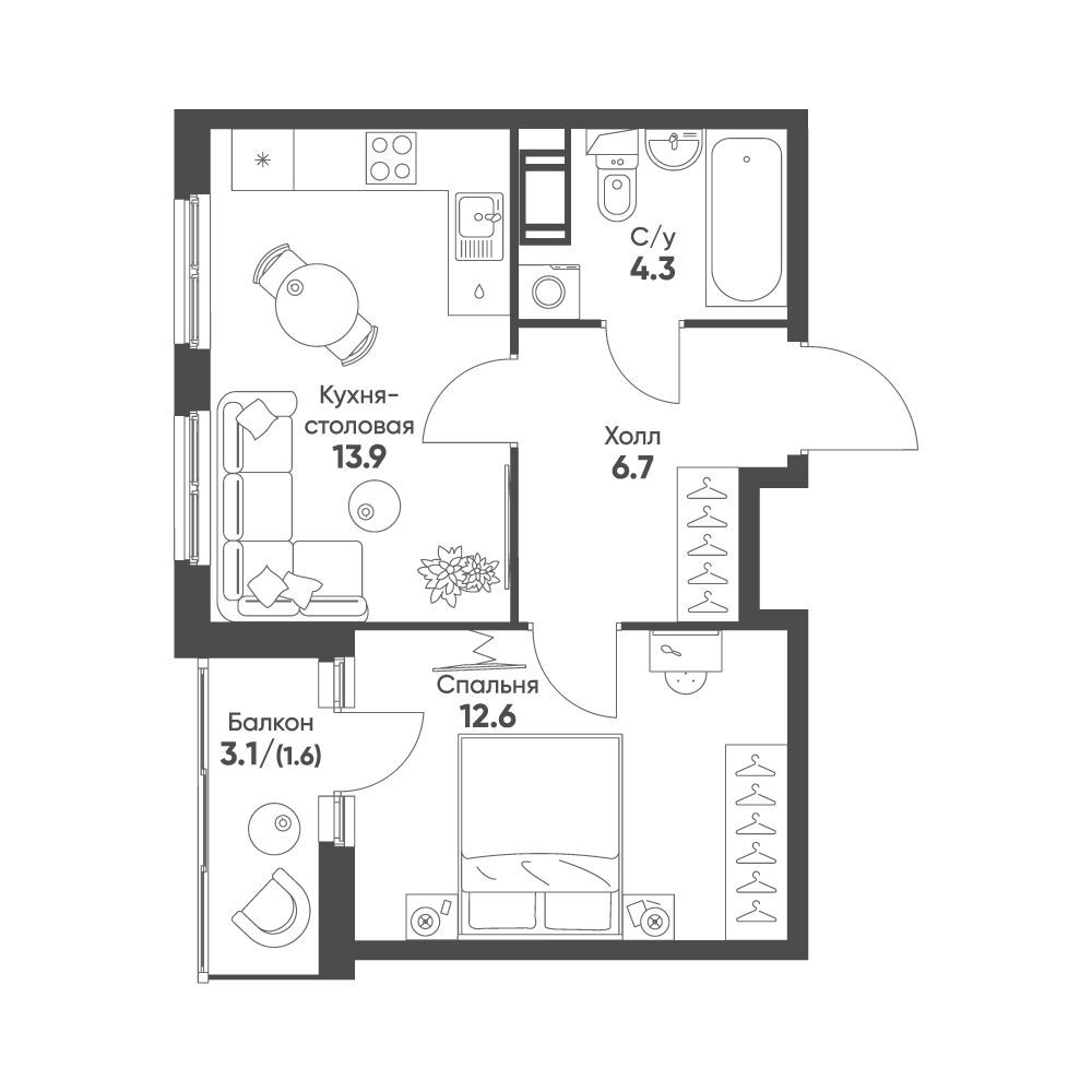 Планировка: 1-комн. квартира 39.10 м² в новостройке Клюква.Парк