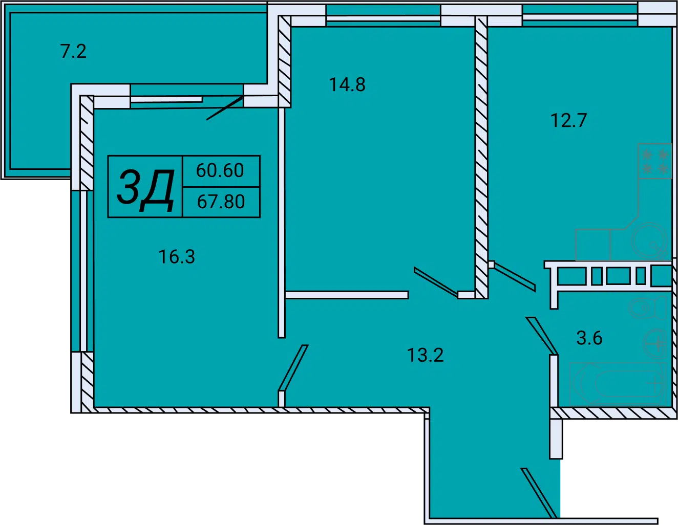 Планировка: 2-комн. квартира 67.80 м² в новостройке Аврора