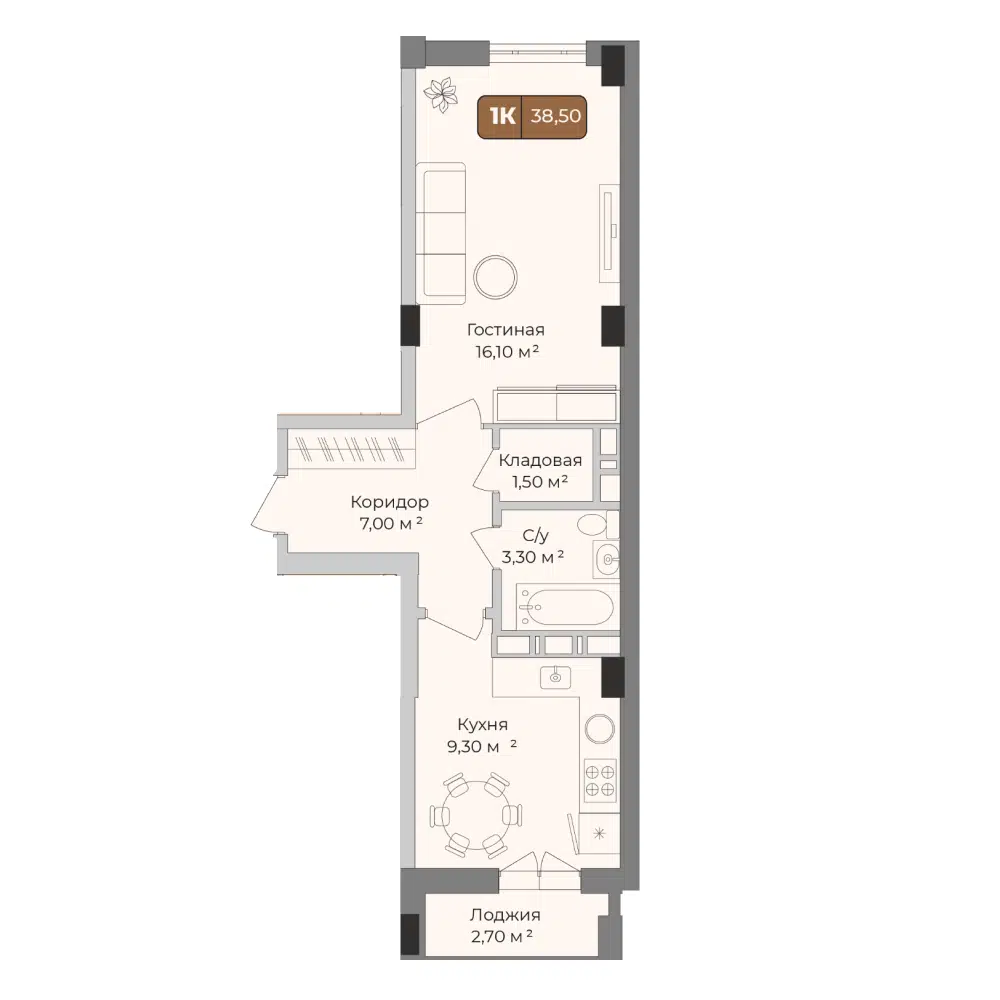 Планировка: 1-комн. квартира 38.50 м² в новостройке ЖК Опера