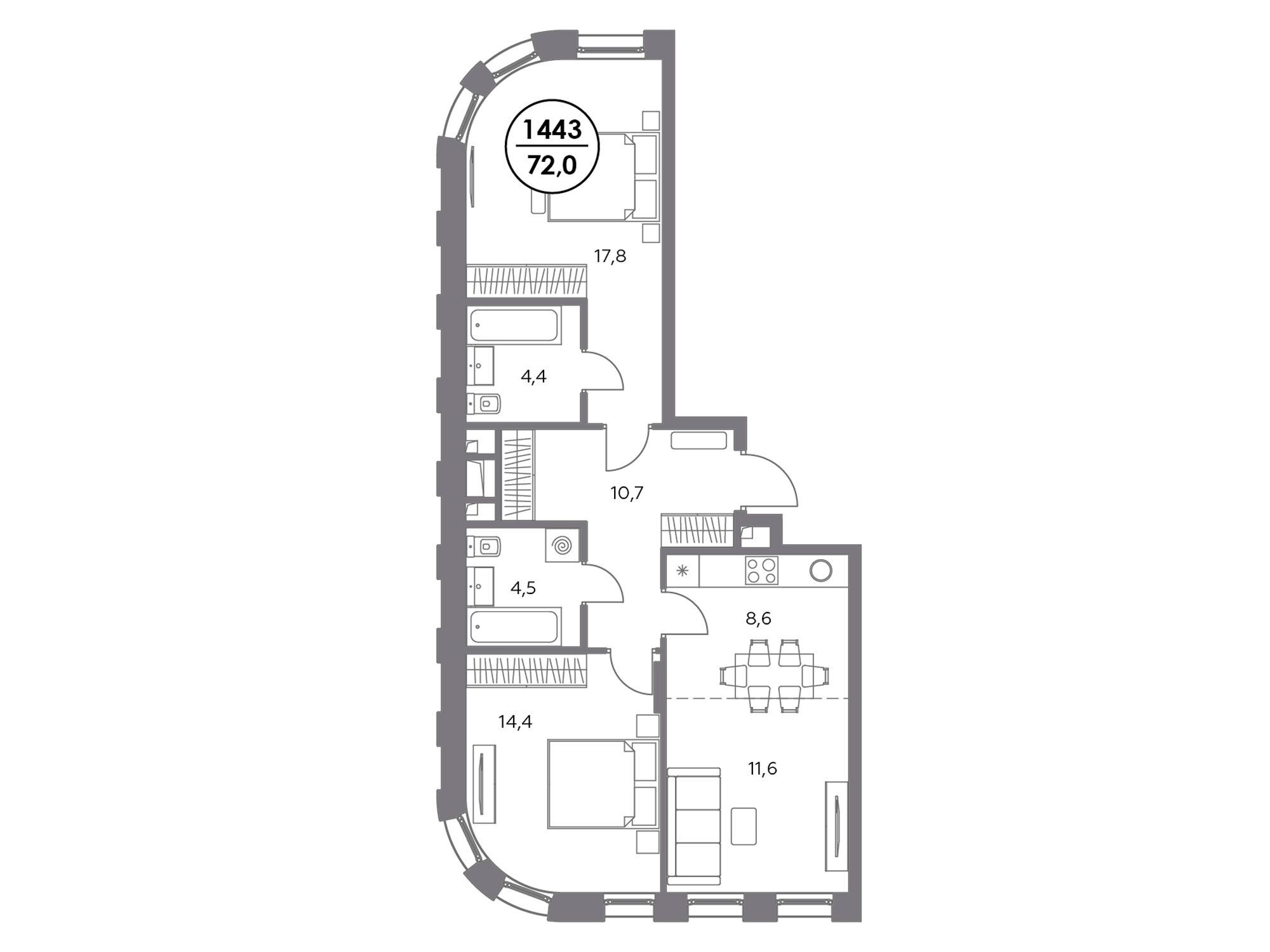 Планировка: 3-комн. квартира 72.00 м² в новостройке Адмирал