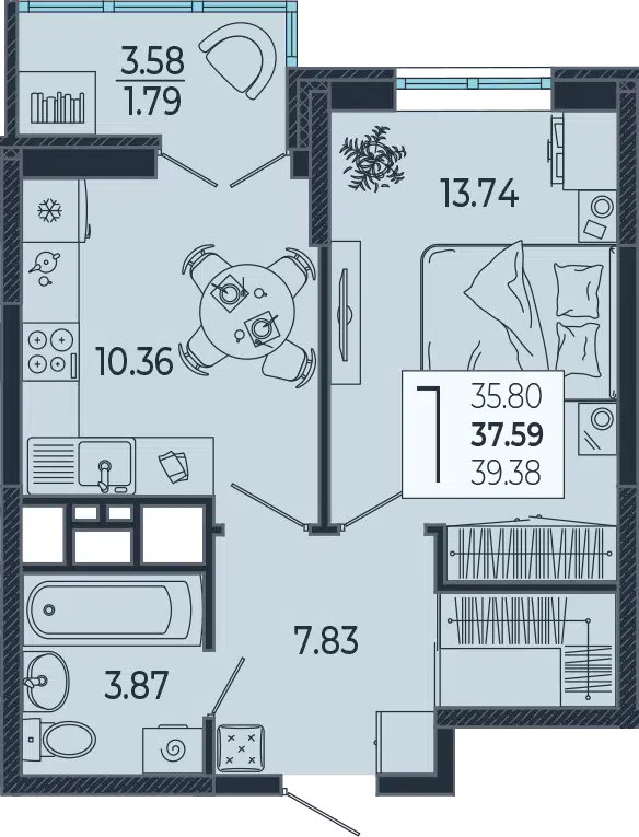 Планировка: 1-комн. квартира 37.59 м² в новостройке ЖК Эстет