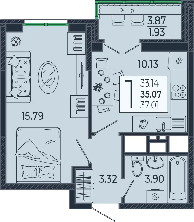 Планировка: 1-комн. квартира 34.95 м² в новостройке ЖК Эстет