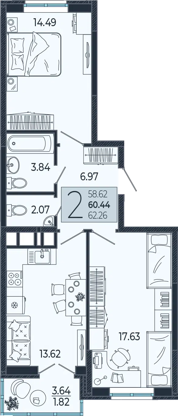 Планировка: 2-комн. квартира 60.60 м² в новостройке ЖК Эстет