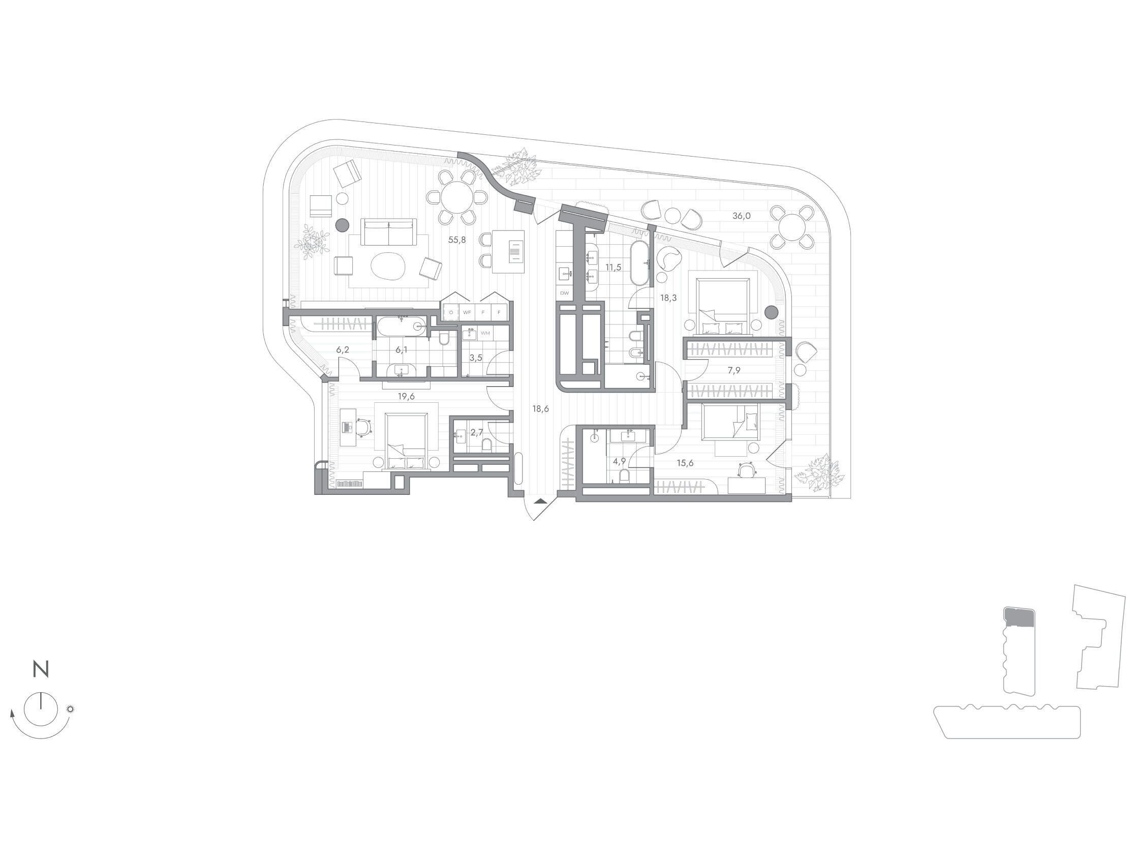 Планировка: 3-комн. квартира 181.50 м² в новостройке Фантом