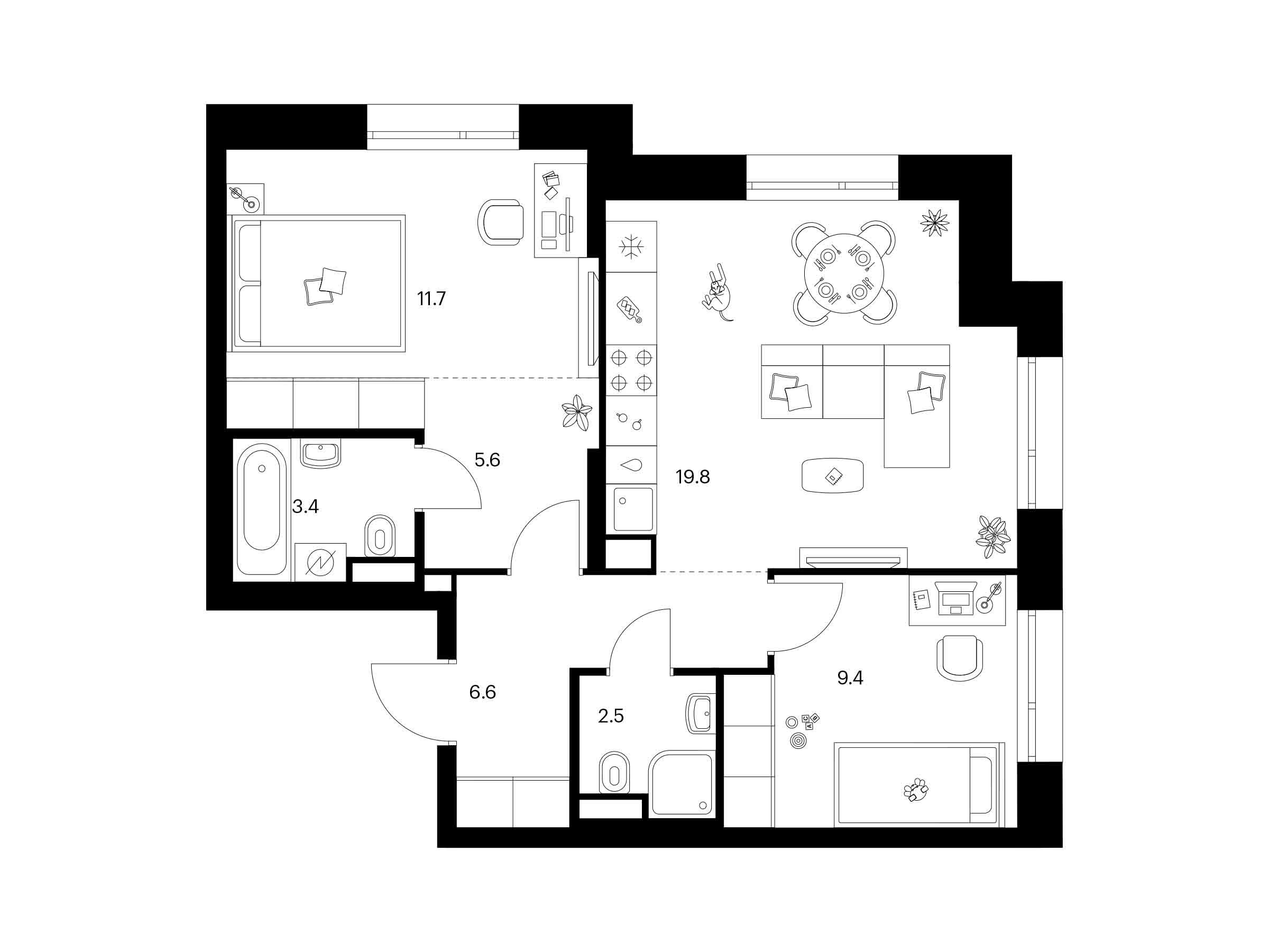 Планировка: 2-комн. квартира 59.00 м² в новостройке Середневский лес