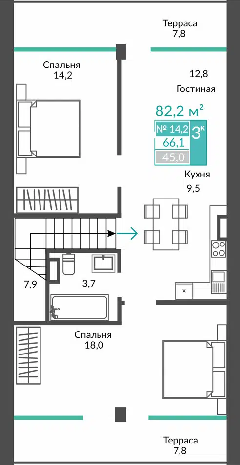 Планировка: 3-комн. квартира 81.20 м² в новостройке Апарт комплекс Удачное