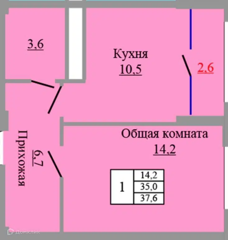 Планировка: 1-комн. квартира 37.60 м² в новостройке Аквамарин