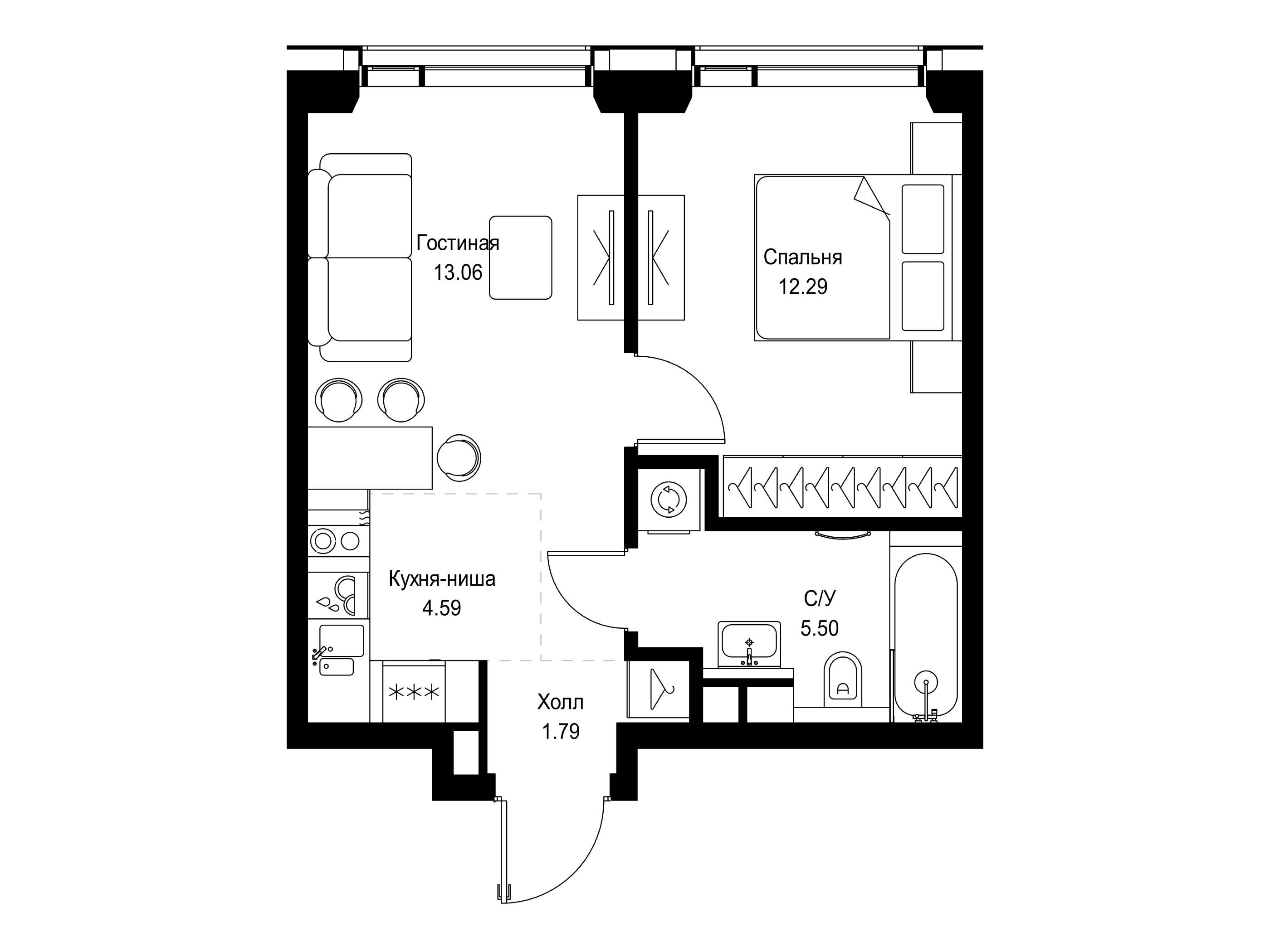 Планировка: 1-комн. квартира 37.23 м² в новостройке Сет