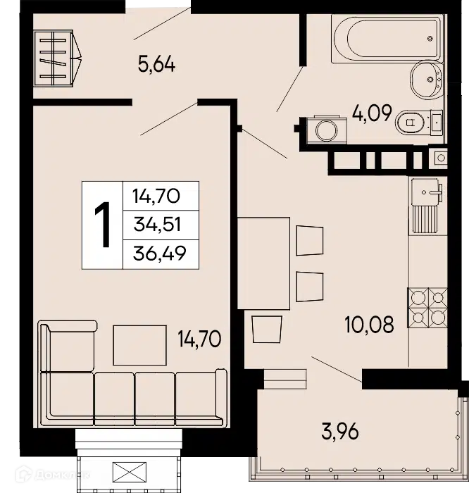 Планировка: 1-комн. квартира 36.49 м² в новостройке ЖК Эпос