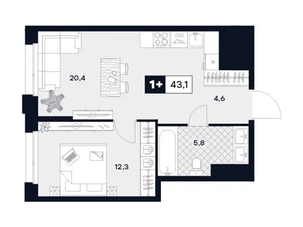 Планировка: 1-комн. квартира 43.10 м² в новостройке ЖК Юту