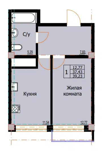 Планировка: 1-комн. квартира 39.23 м² в новостройке Резиденция г. Ессентуки