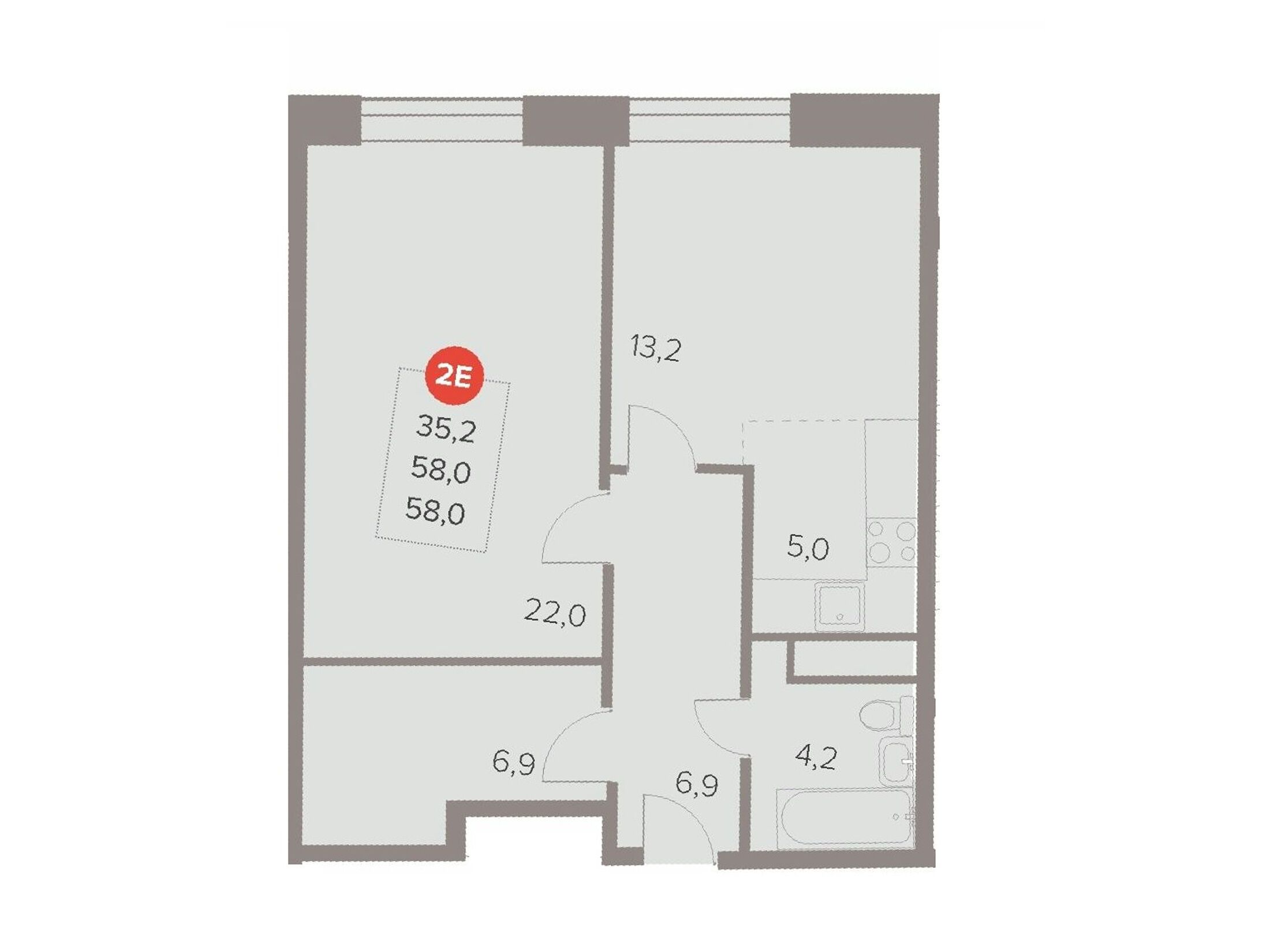 Планировка: 2-комн. квартира 58.30 м² в новостройке Отлично