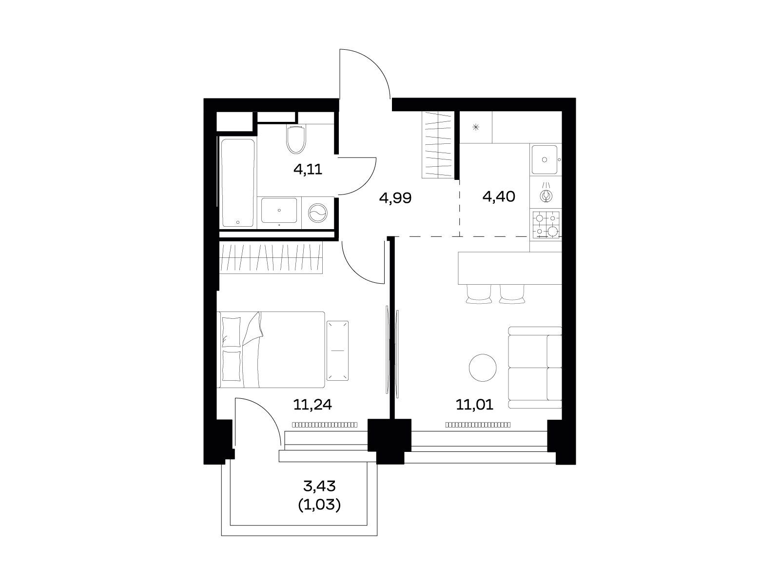 Планировка: 1-комн. квартира 36.78 м² в новостройке Нова