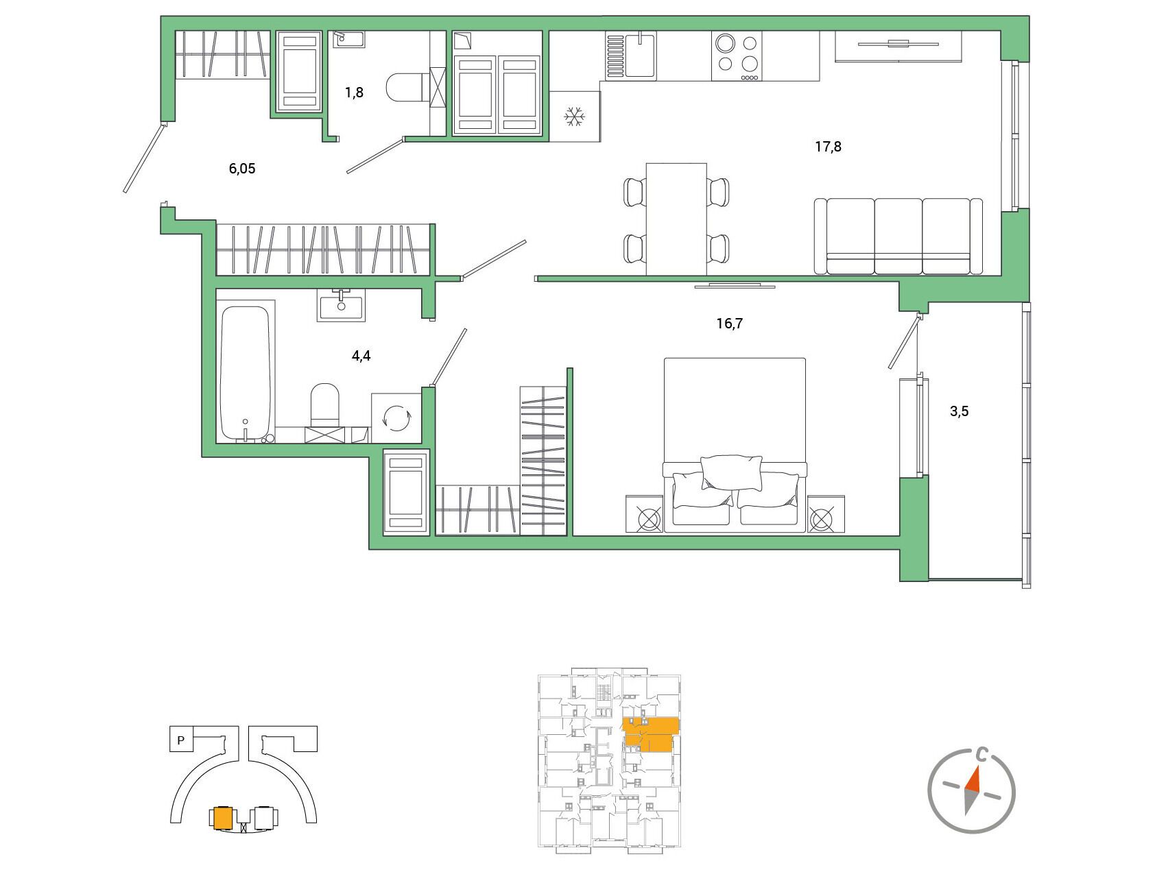 Планировка: 1-комн. квартира 48.50 м² в новостройке Окла Вижн