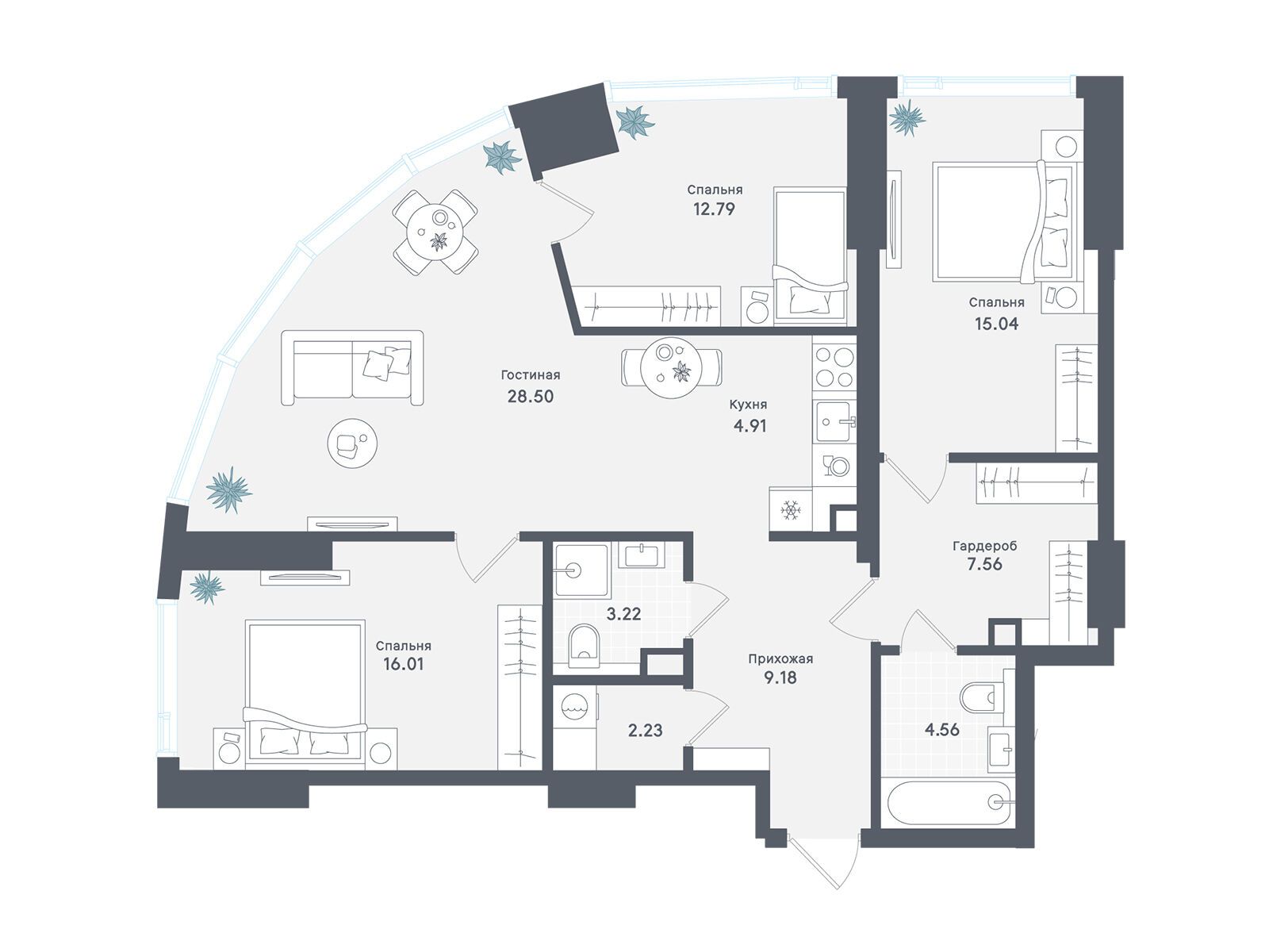 Планировка: 3-комн. квартира 104.00 м² в новостройке ЖК Солос