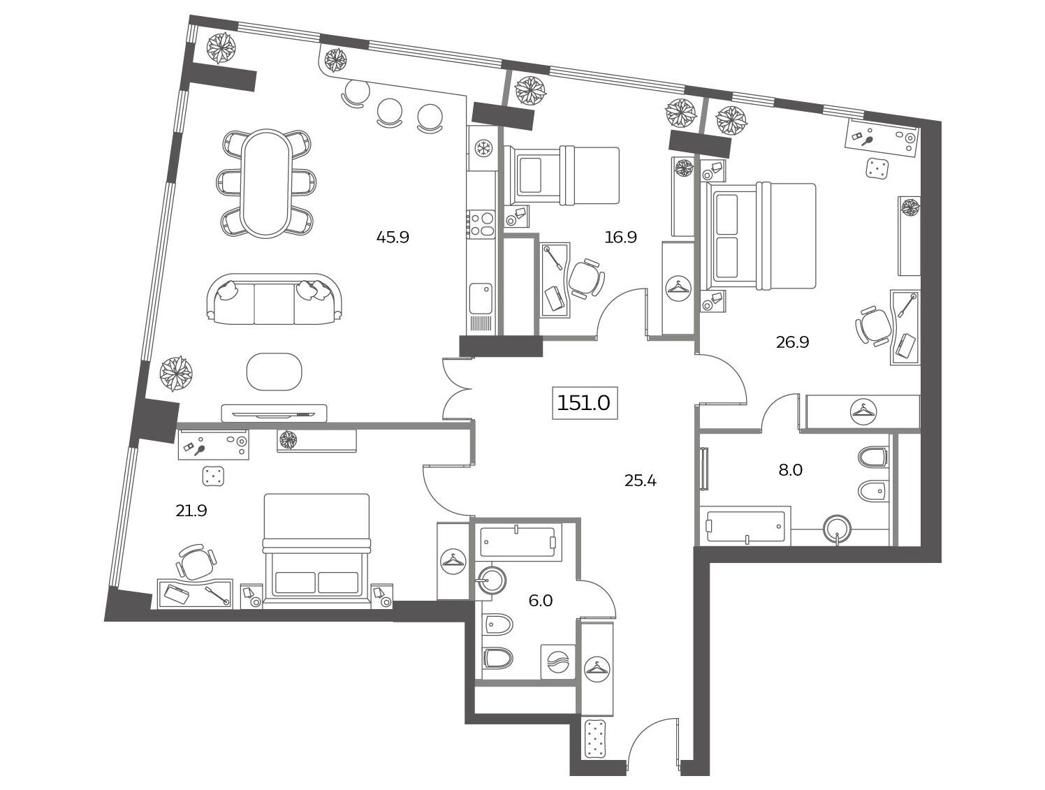 Планировка: 4-комн. квартира 151.00 м² в новостройке Скай Хаус