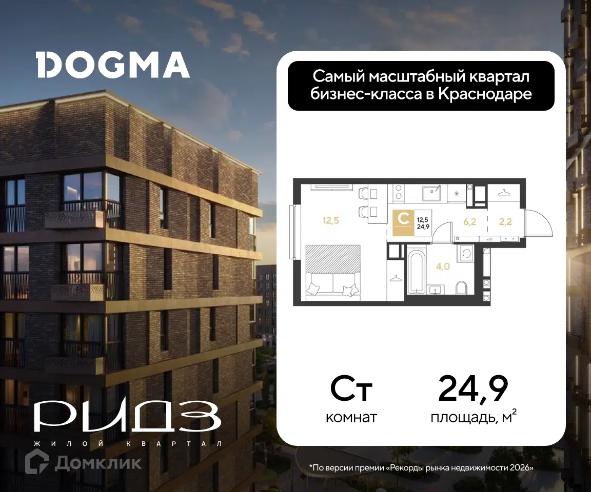 Планировка: Студия 24.90 м² в новостройке Ридз