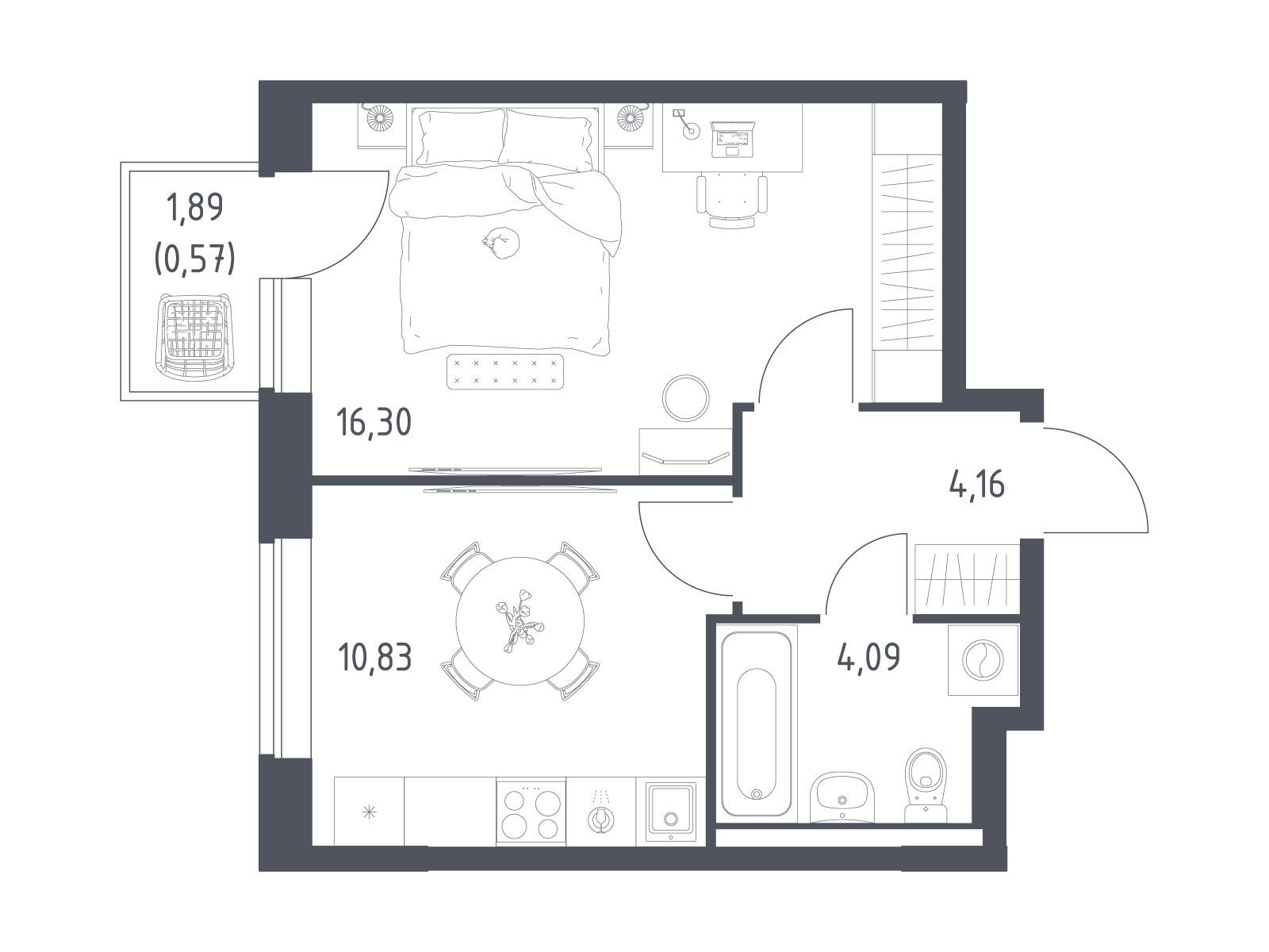 Планировка: 1-комн. квартира 35.95 м² в новостройке Новое Видное