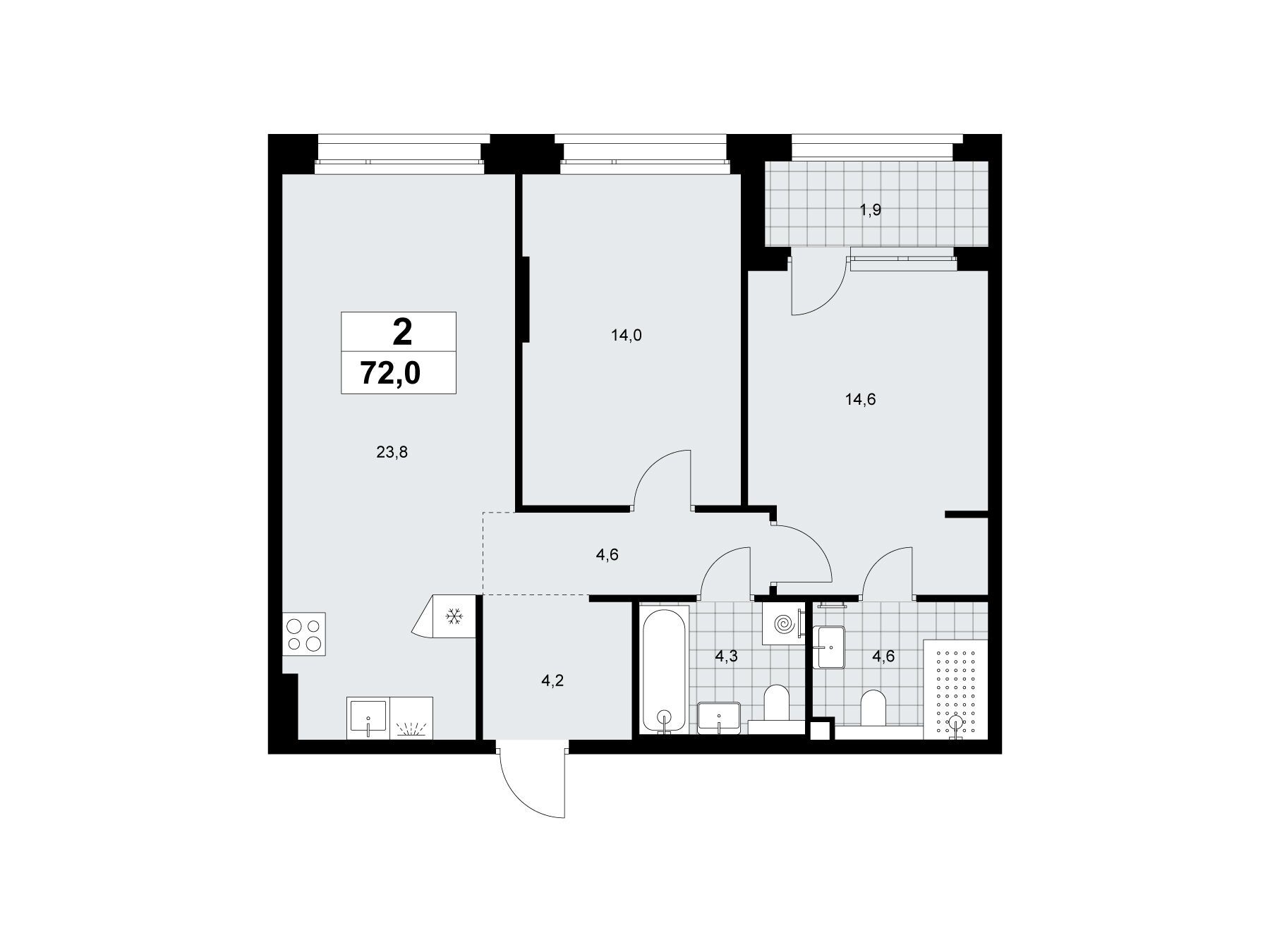 Планировка: 2-комн. квартира 72.00 м² в новостройке Хольм