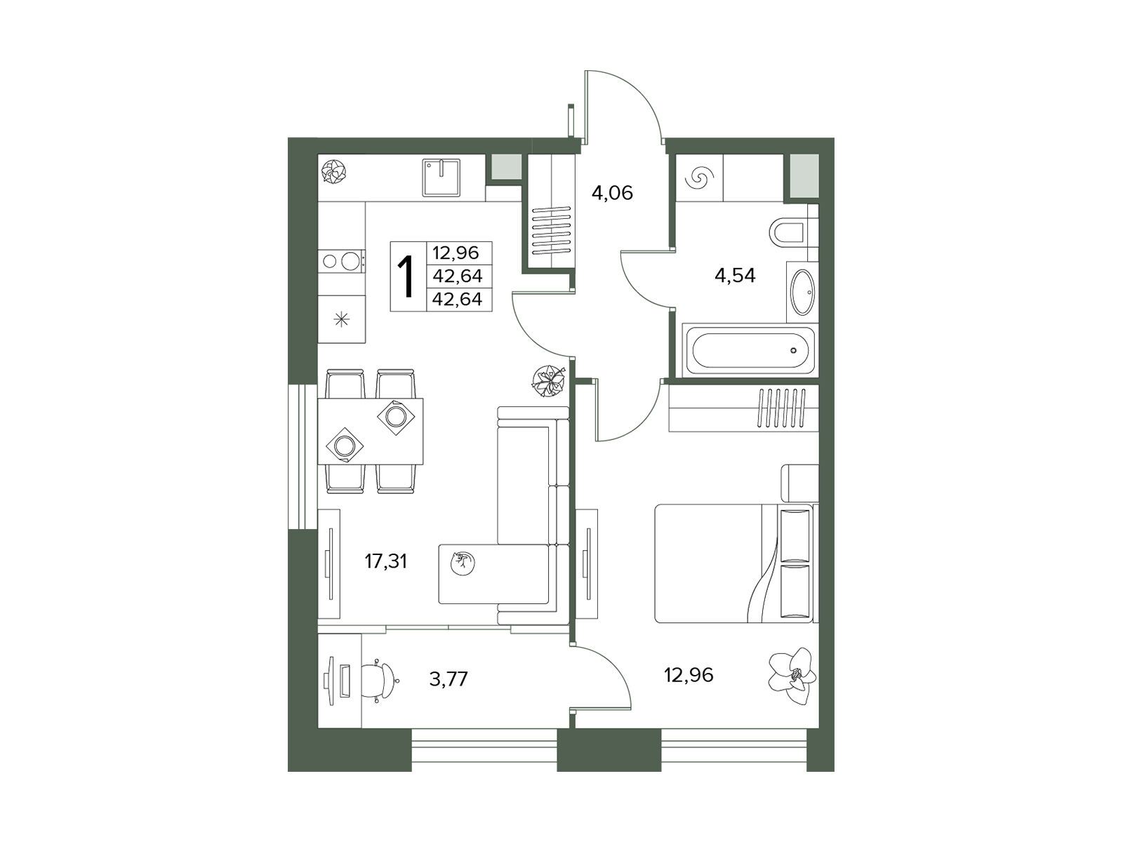 Планировка: 1-комн. квартира 42.64 м² в новостройке Городской бор