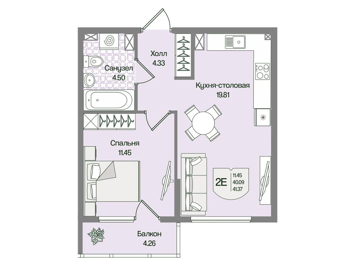 Планировка: 1-комн. квартира 41.36 м² в новостройке Охтинские высоты