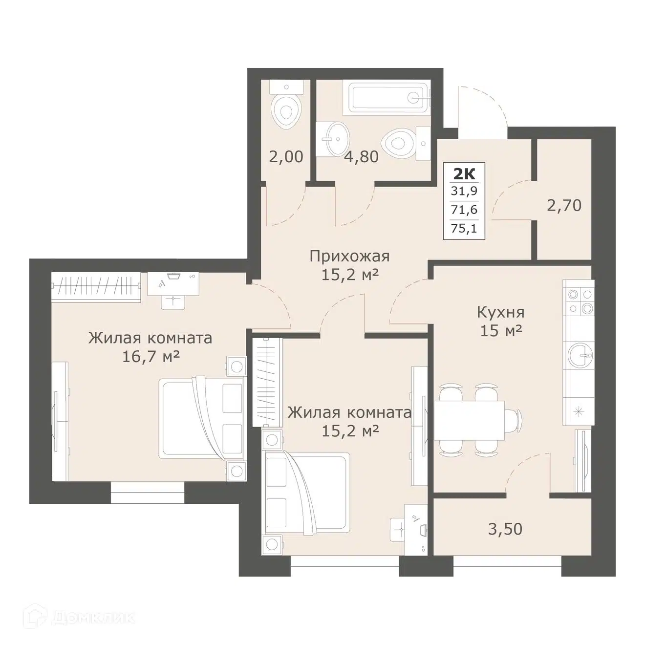 Планировка: 2-комн. квартира 72.80 м² в новостройке Моне