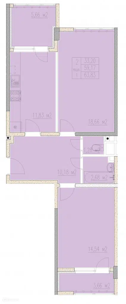 Планировка: 2-комн. квартира 63.83 м² в новостройке Агой-парк