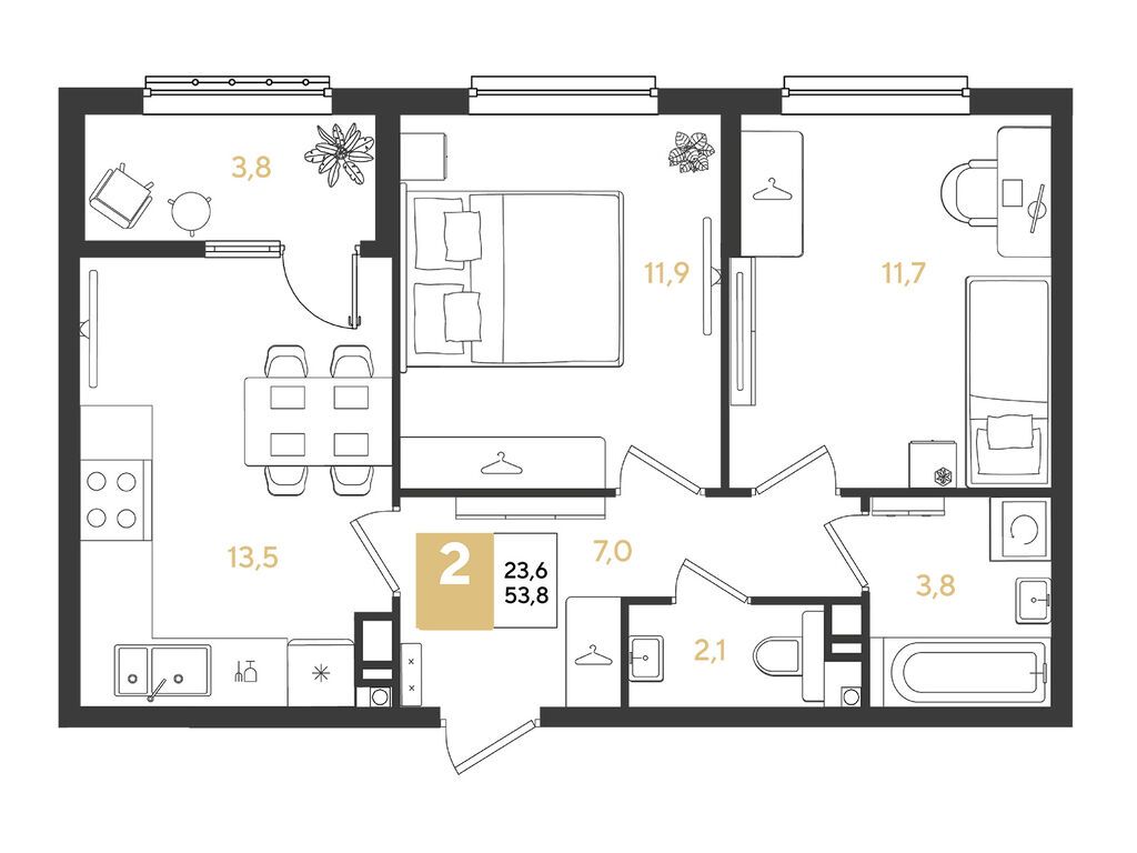 Планировка: 2-комн. квартира 53.80 м² в новостройке Ридз