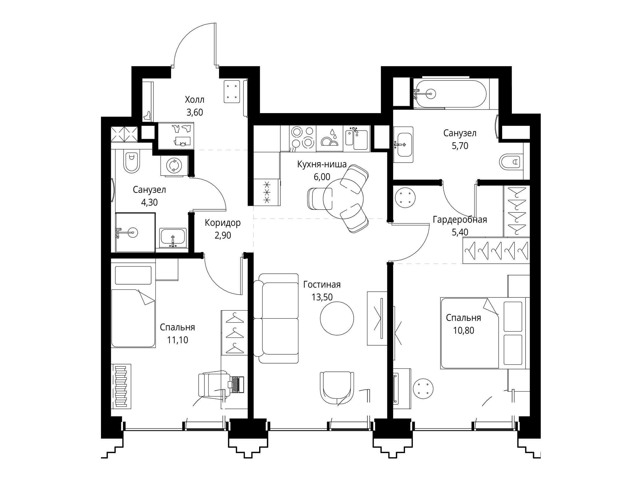 Планировка: 2-комн. квартира 63.60 м² в новостройке Сет