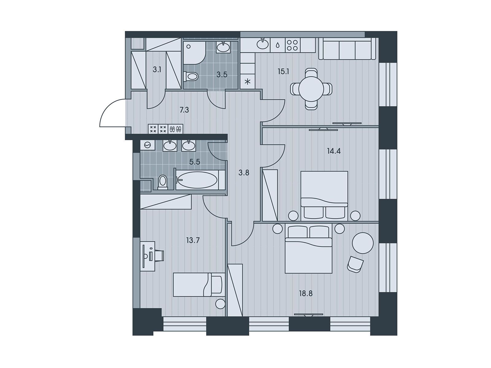 Планировка: 3-комн. квартира 85.10 м² в новостройке Эвер