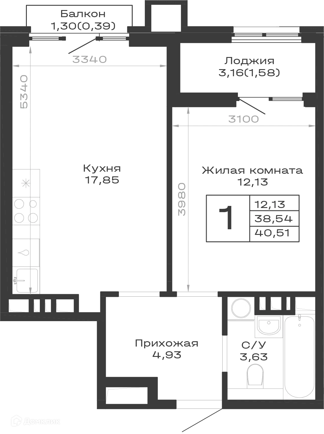 Планировка: 1-комн. квартира 40.51 м² в новостройке Суворов