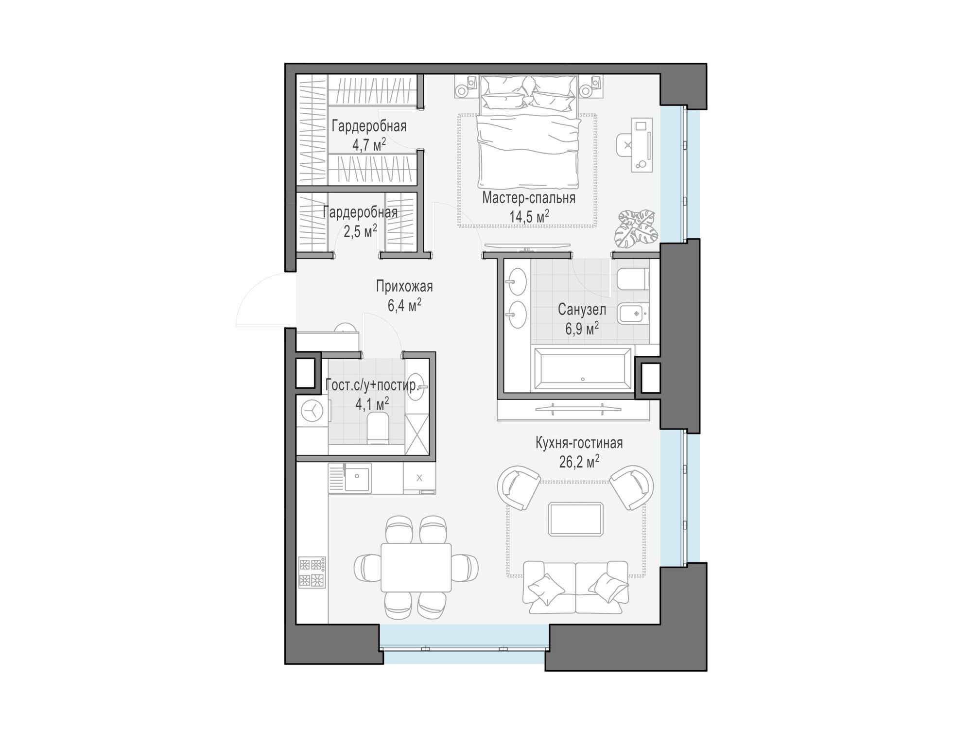 Планировка: 1-комн. квартира 65.20 м² в новостройке Ильинка 3/8