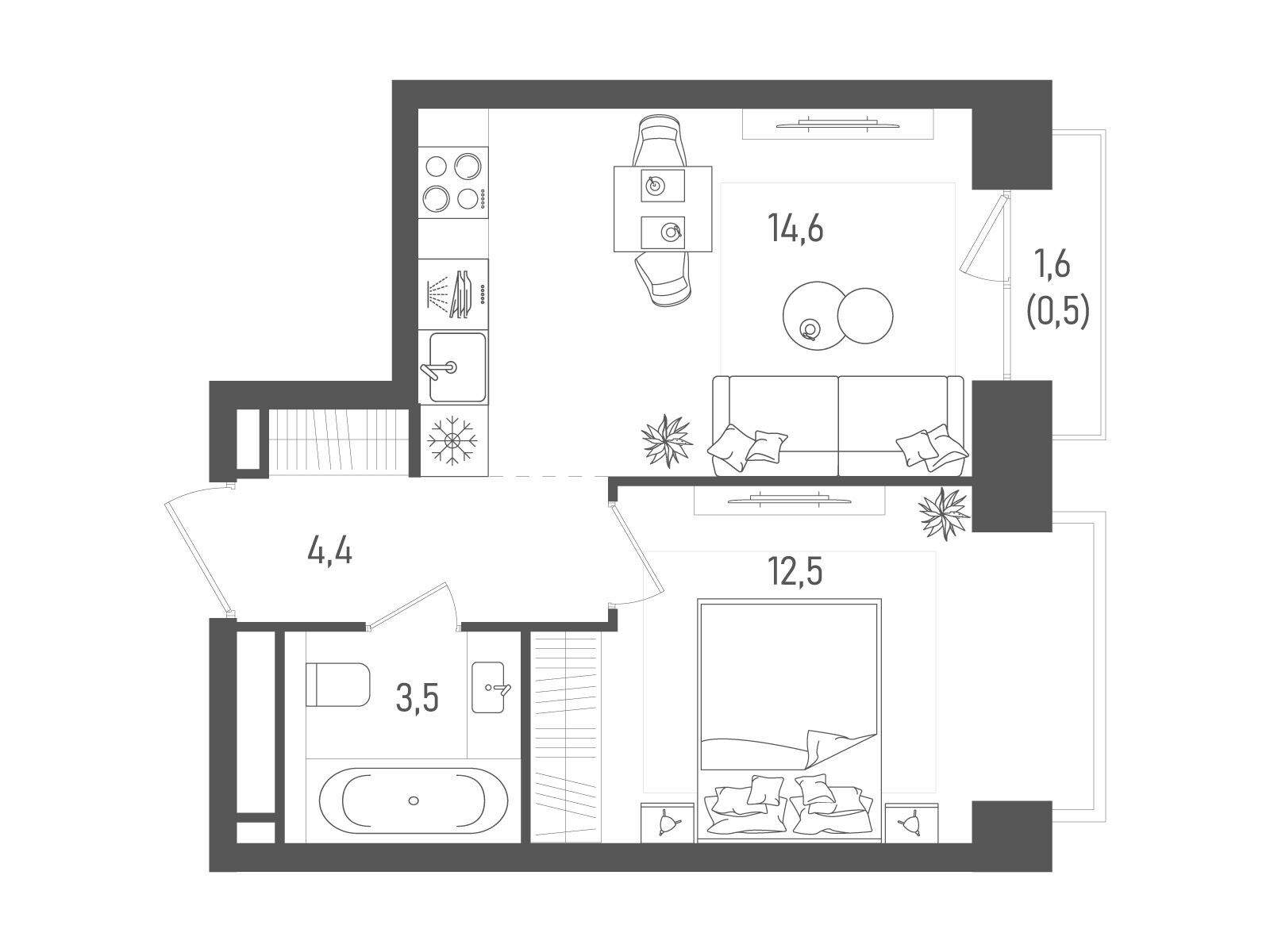 Планировка: 1-комн. квартира 35.50 м² в новостройке Татум