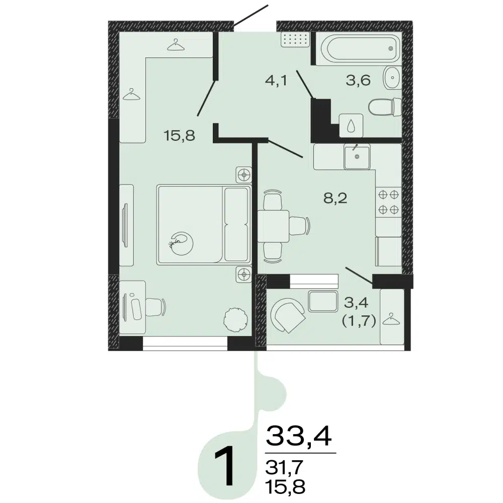Планировка: 1-комн. квартира 33.40 м² в новостройке Эво