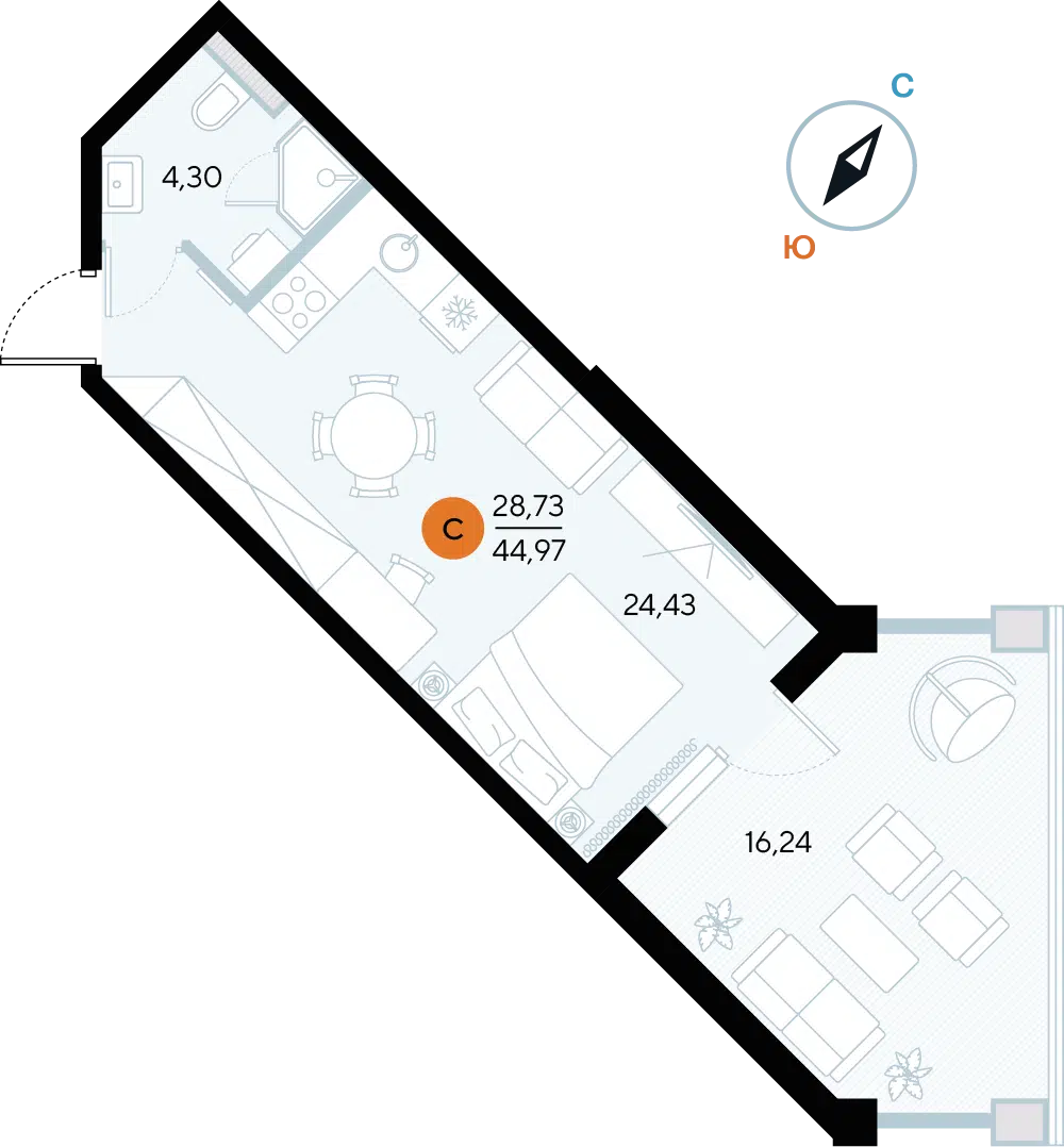 Планировка: Студия 44.97 м² в новостройке ЖК Альба дель Маре