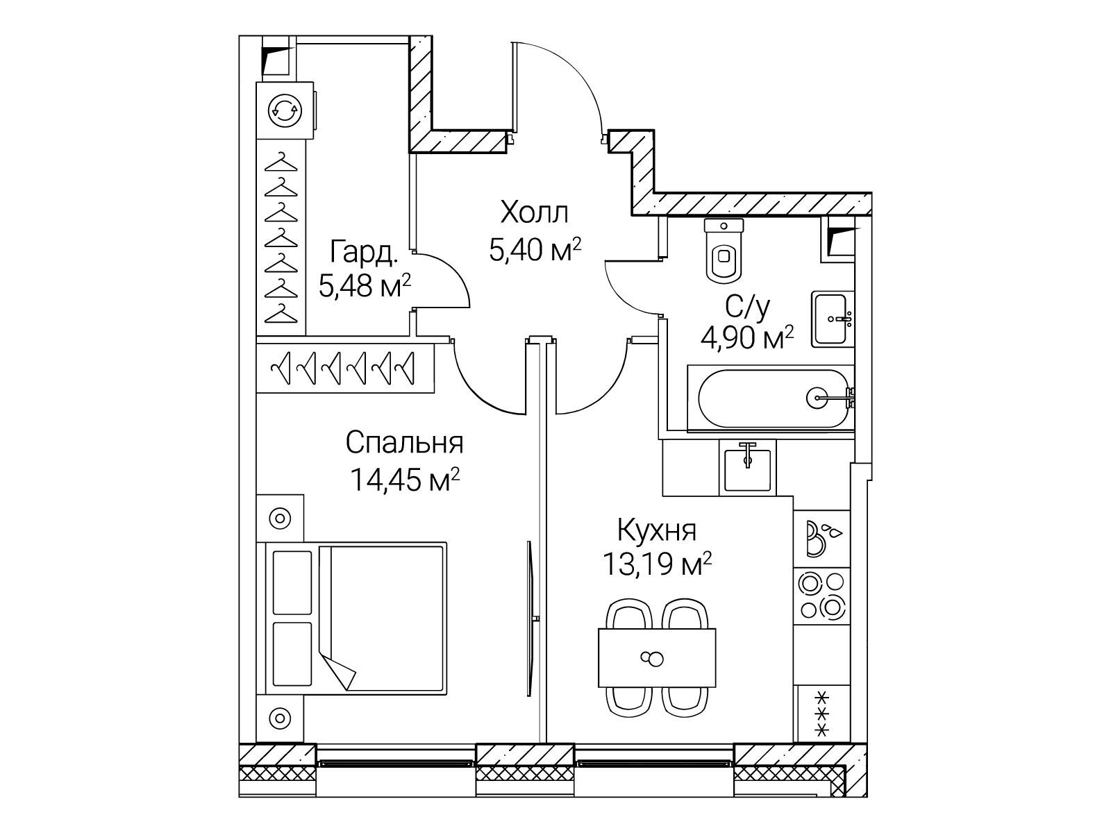 Планировка: 1-комн. квартира 43.42 м² в новостройке Сезар Сити
