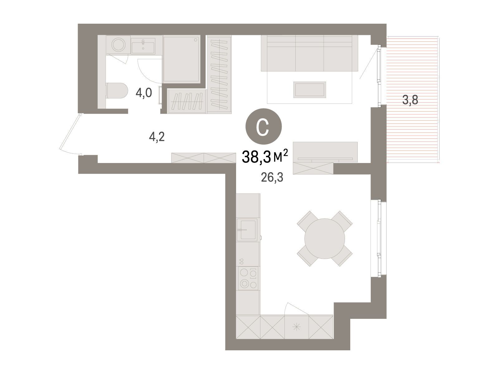 Планировка: Студия 38.30 м² в новостройке Брусника в Новоселье