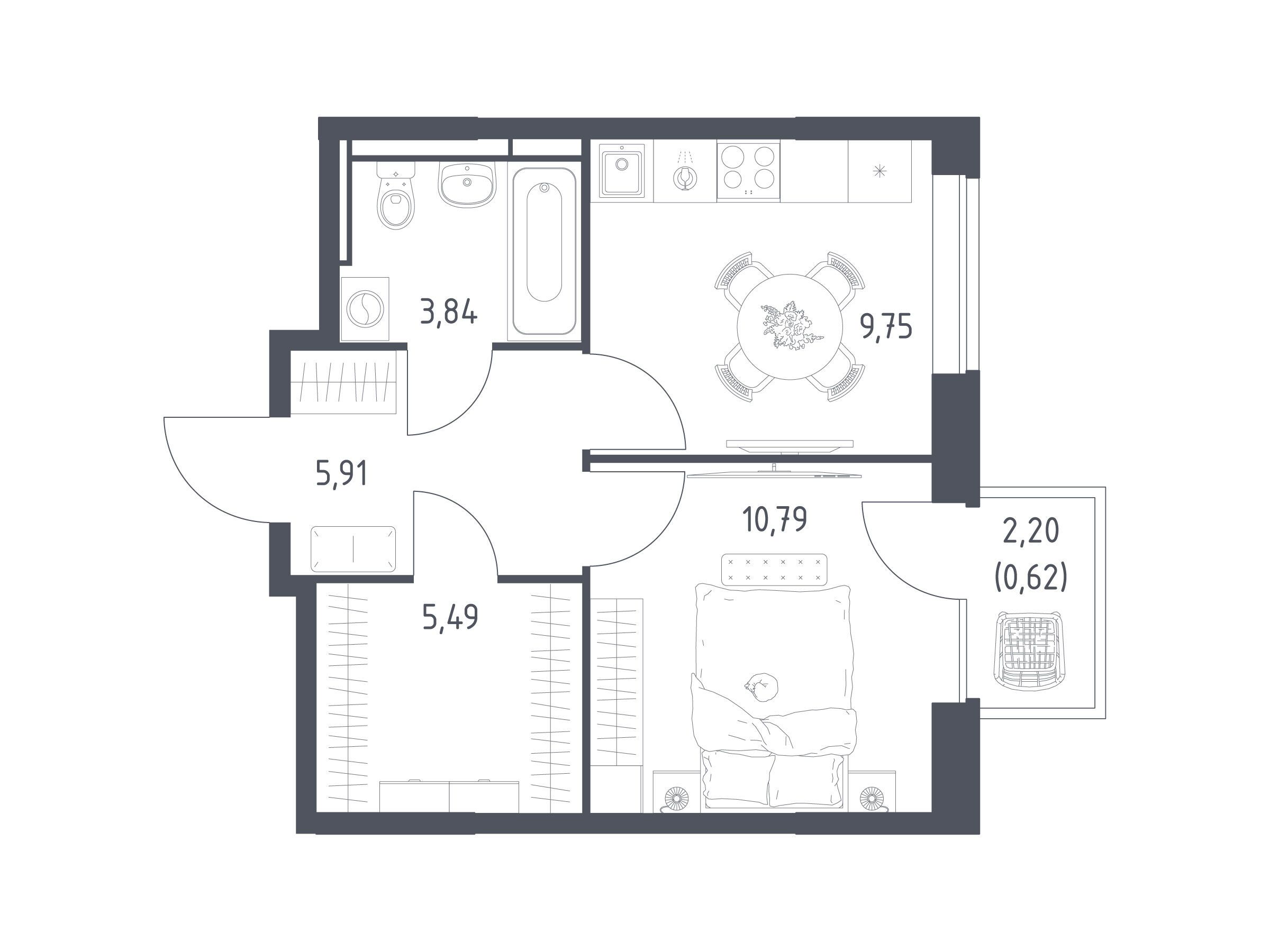Планировка: 1-комн. квартира 36.40 м² в новостройке Богдановский Лес