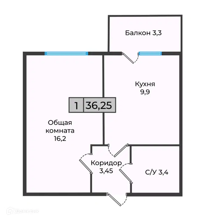 Планировка: 1-комн. квартира 34.60 м² в новостройке Станция Спортивная