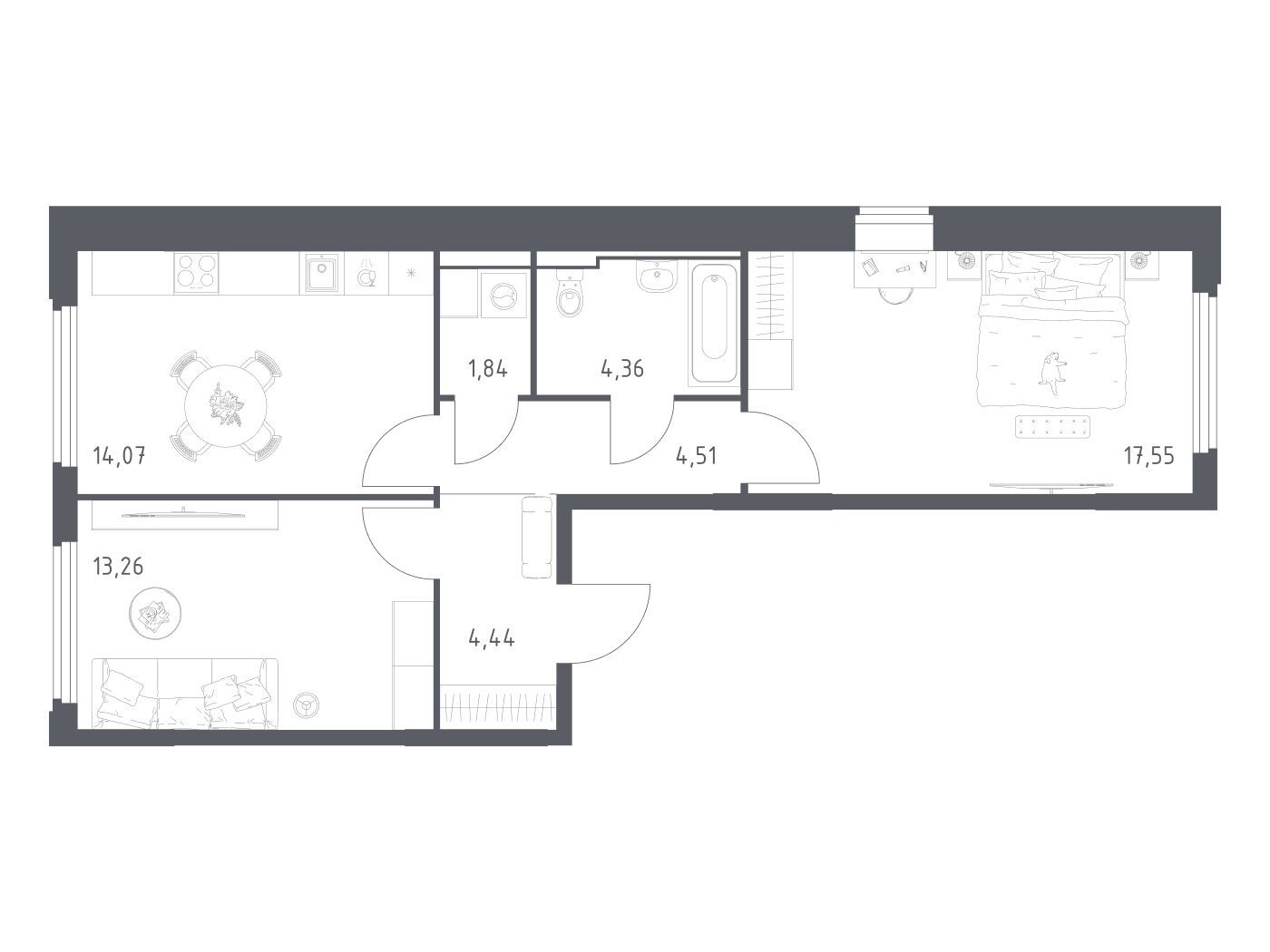 Планировка: 2-комн. квартира 60.03 м² в новостройке Космический квартал
