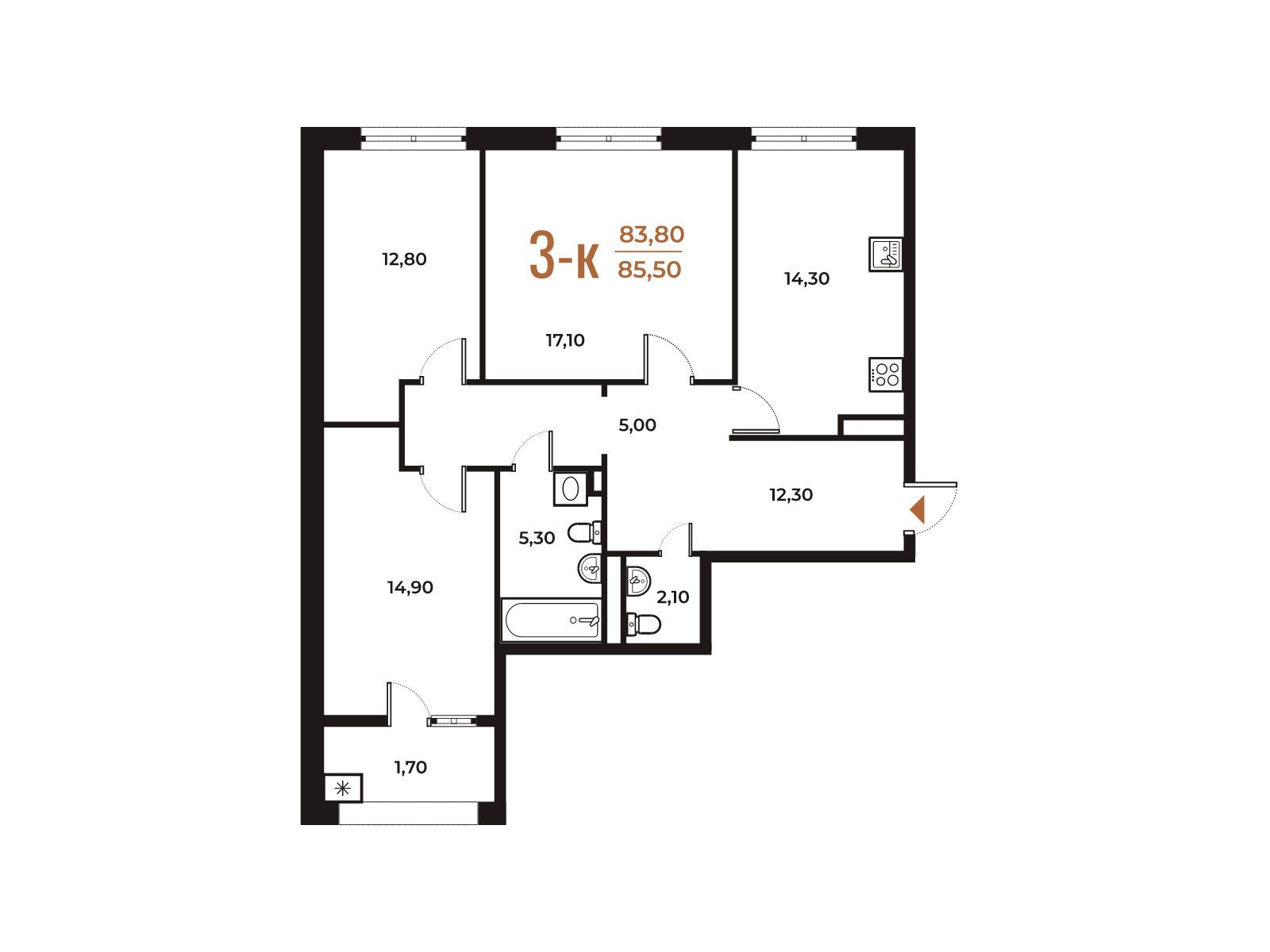 Планировка: 3-комн. квартира 85.50 м² в новостройке Новое Летово