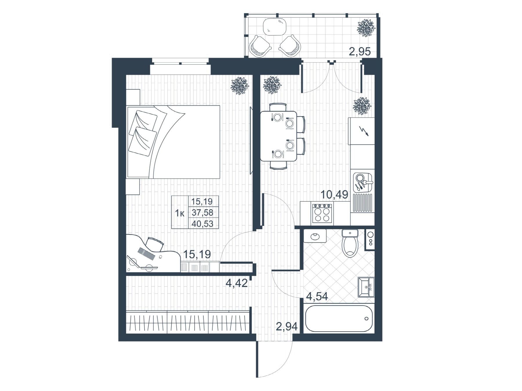 Планировка: 1-комн. квартира 37.40 м² в новостройке Ново-Антропшино