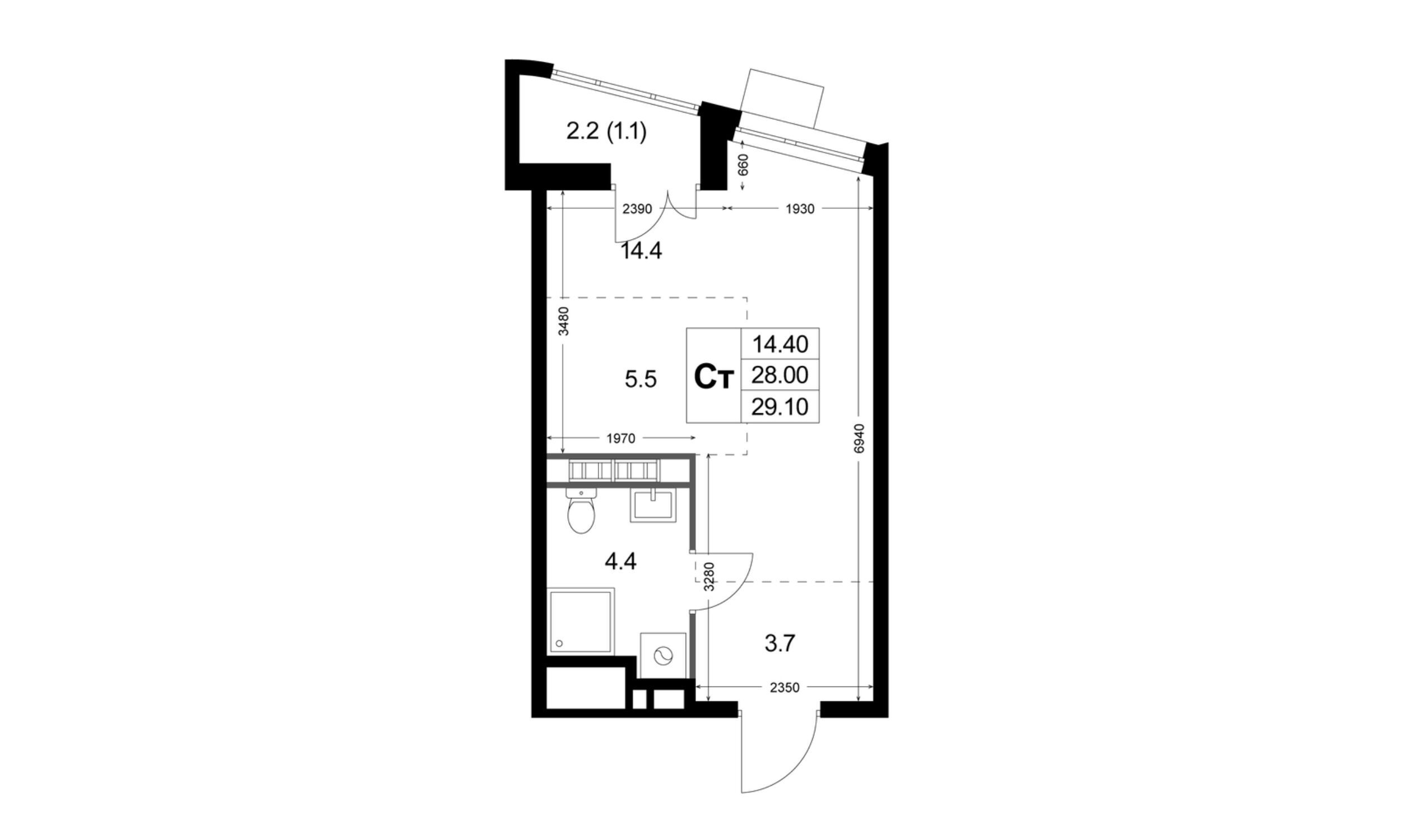 Планировка: Студия 28.00 м² в новостройке ЖК Легенда Коренёво