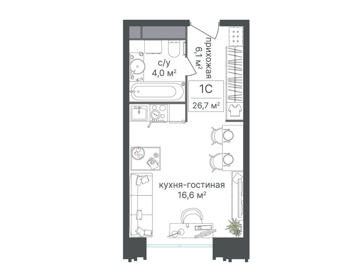 Планировка: Студия 26.70 м² в новостройке Варшавские ворота