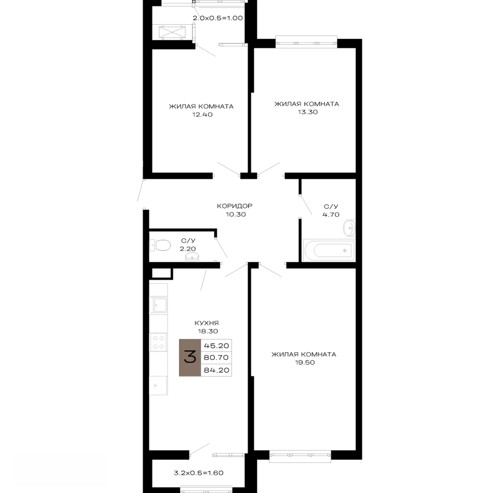 Планировка: 3-комнатная квартира 83.67 м² в новостройке Сердце