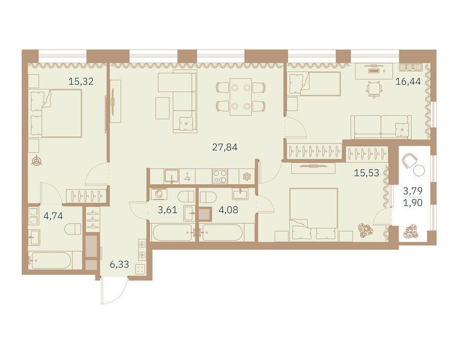 Планировка: 3-комн. квартира 96.50 м² в новостройке Таленто